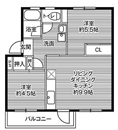 ビレッジハウス鳴滝21号棟 2LDKの間取図画像