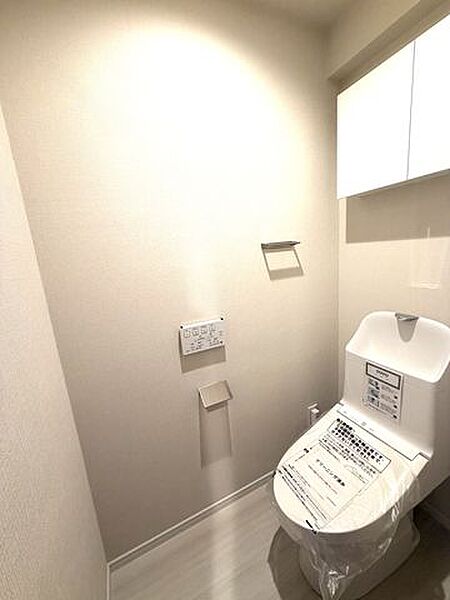 シンプルなデザインのトイレです。温水洗浄便座が付いています。
