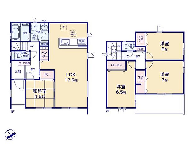 広いLDK17.5帖はご家族の共有スペース。　2階3部屋は全室6帖以上のゆとりある間取りでご家族それぞれのお時間も大切に出来ます。