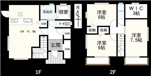 3LDKの南向きの間取り。玄関収納が豊富で、2Fの各部屋に収納もあります。