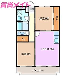 コスモス 3階2LDKの間取り