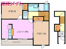 フェリースII 2階2LDKの間取り