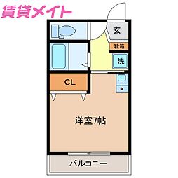 プライム富洲原 2階ワンルームの間取り