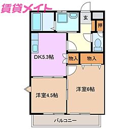 ファミール下之宮1 2階2DKの間取り
