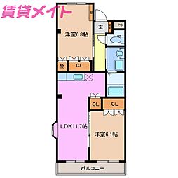 クレストールII 2階2LDKの間取り