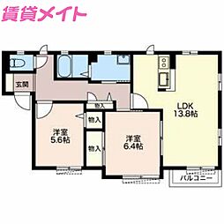 リブェール　Ａ棟 2階2LDKの間取り