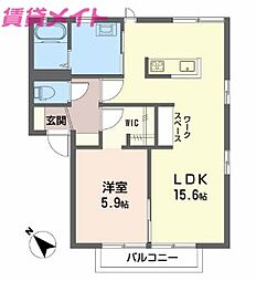 グランヴィラ羽津B棟 1LDKの間取図画像