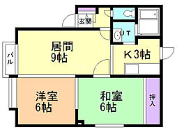 ウィンディア花畔B 2LDKの間取図画像