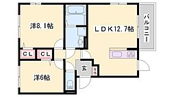 グランシャリオ弐番館 2LDKの間取図画像