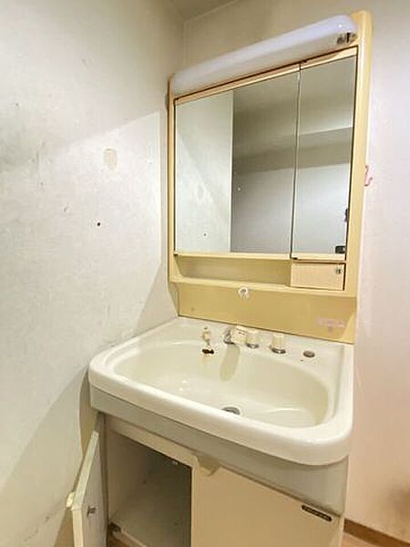 《洗面化粧台》シンプルで使いやすい洗面化粧台。下の扉を開けるとストック品等を収納可能です。