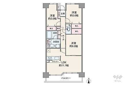 間取りは専有面積70.35平米の3LDK。連窓サッシを採用した、明るく開放的な横長リビングのプラン。玄関は奥まった位置にあるため、共用廊下側から室内を見通しにくい造りです。
