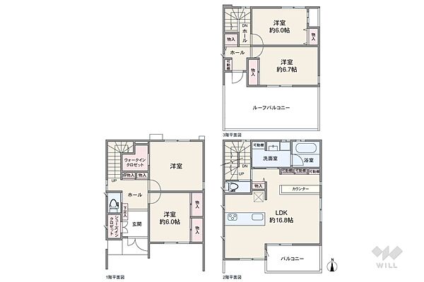 屋上ルーフバルコニー付き、2階にもバルコニーがあり、キッチンと洗面室（洗濯機置場）も同フロアにあるため、炊事・洗濯の家事動線に優れています。全個室6帖以上の広さを確保。各所に収納が充実しています。