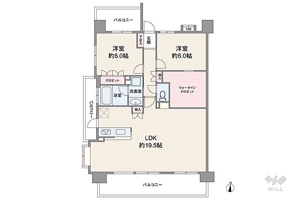 間取りは専有面積78.32平米の2LDK。LDK約20帖の横長リビングのプラン。複数方向に採光部があり、バルコニー面積は22.68平米です。