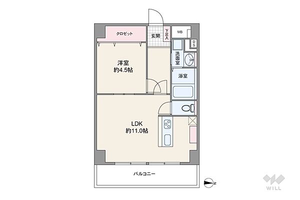 間取りは専有面積42.06平米の1LDK。LDK約11.0帖の横長リビングのプラン。洋室にはLDKからの採光に配慮した室内窓があり、大きなクロゼットも備え付けられています。