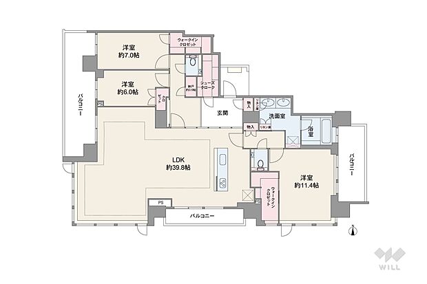 全居室6帖以上の広さを確保したゆとりあるプラン。バルコニーは3か所に設けられています。キッチンは開放感のあるアイランド型。