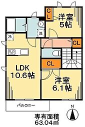 ルシエ 2階2LDKの間取り