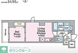 アイルグランデ亀戸 9階1LDKの間取り