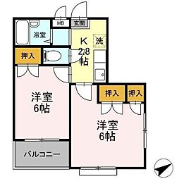 コーポラス石井 2階2Kの間取り
