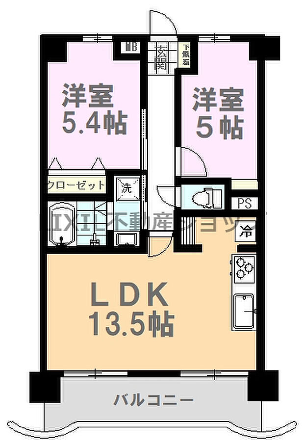 南面LDK13.5帖です。　2部屋の洋室は5帖以上のゆとりある間取り。収納スペースも充実しています。