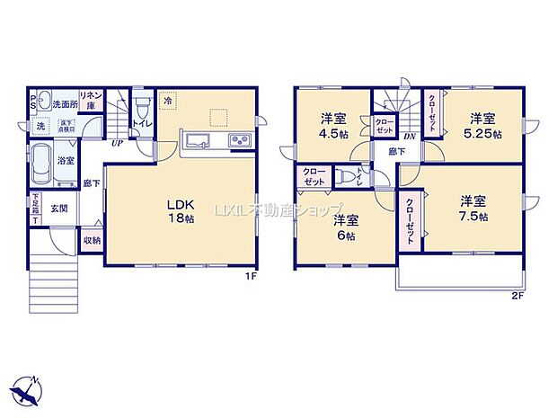 1階は広いLDK18帖をご家族の共有スペースとして。　2階4部屋はそれぞれのお部屋。　暮らし易さを考慮した間取りとなっています。
