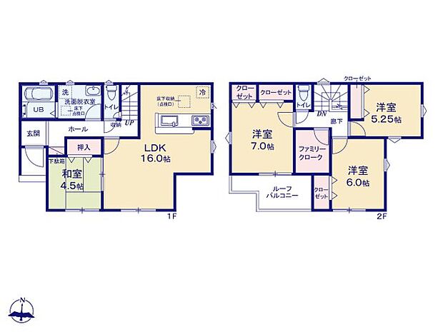 ホールや廊下を中心とする動線が考慮された間取りの住宅です。　全室南向きで陽当たり良好。　