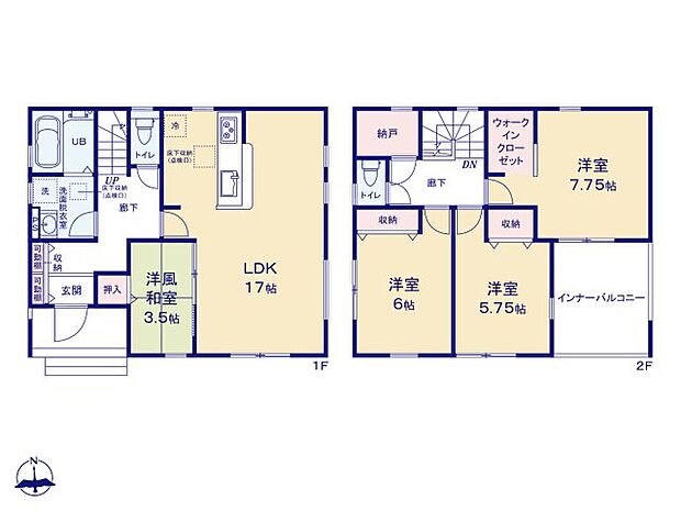 1階は広いLDK17帖をご家族の共有スペースとして。　2階3部屋はそれぞれのお部屋。　暮らし易さを考慮した間取りとなっています。