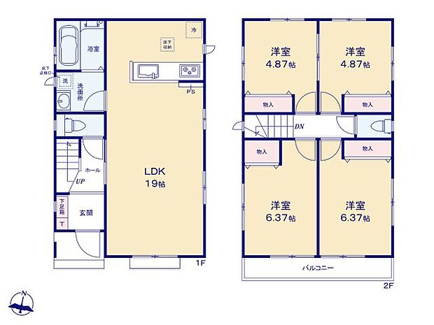 広いLDK19帖はご家族の共有スペース。　ゆとりの2階4部屋でご家族それぞれのお時間も大切に出来ます。