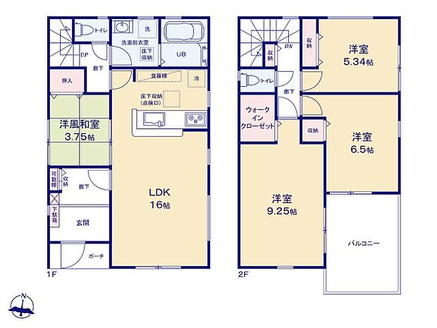 リビング奥に階段を配置した間取りはご家族の触れ合いも保てます。　2階もゆとりある間取りの3部屋です。　