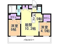 JR函館本線 琴似駅 徒歩9分の賃貸マンション 3階2LDKの間取り