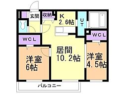 JR函館本線 琴似駅 徒歩9分の賃貸マンション 2階2LDKの間取り