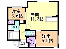 札幌市営東西線 琴似駅 徒歩5分の賃貸マンション 1階2LDKの間取り