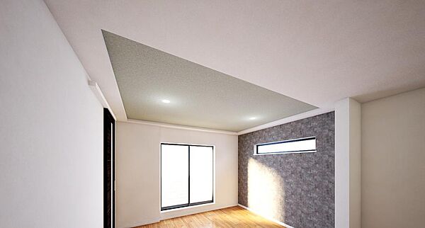 折り上げ天井のパースになります。天井を折上げることで、リビングを開放感と上質な空間に仕上がります。折り上げた部分のクロスをお選びいただけることで、他とは違ったリビングに仕上げることができます。