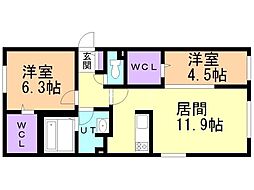 札幌市営東西線 南郷18丁目駅 徒歩10分の賃貸マンション 1階2LDKの間取り