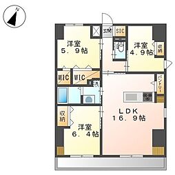 ワシンレジデンス 9階3LDKの間取り