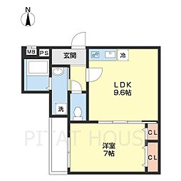 フジパレス田中町II番館 3階1LDKの間取り