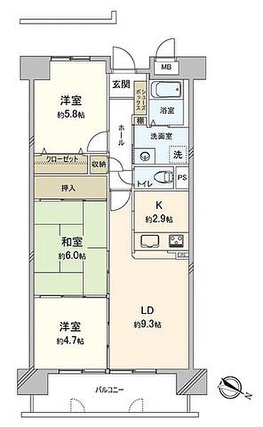 専有面積64.77m2の使い勝手の良い3LDKレイアウト。各居室に収納を備えているほか、西向きのバルコニーからは豊かな自然光が差し込み、風通りも良好な開放感ある居住空間です。