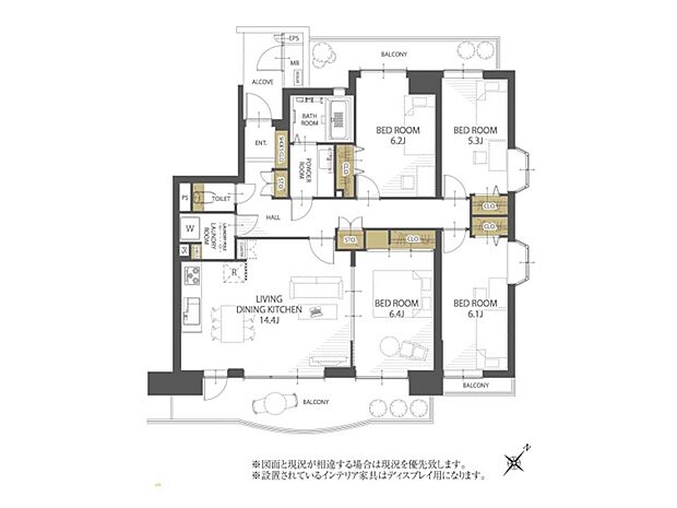 両面バルコニーの角部屋4LDKです。 ゆったりとした空間で、家族みんなで仲良くのんびり暮らせるマンションです。