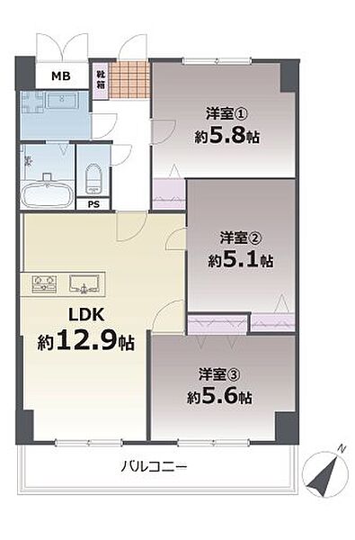 2DK（専有面積42.88m2）