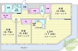 南円山シャトー桂和 3LDKの間取図画像