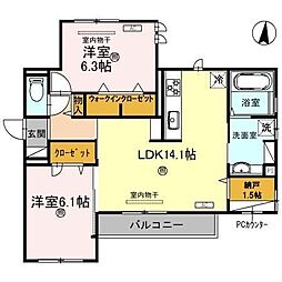カルム アビタシオン北出島 2階2LDKの間取り