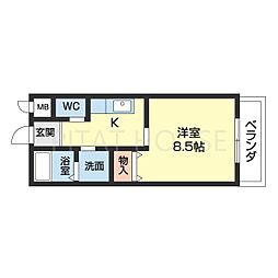 ルガール直川 2階1Kの間取り