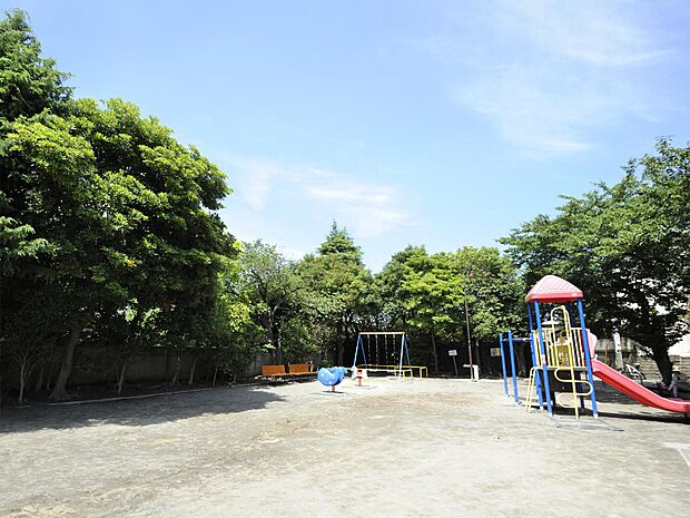 遊具が充実した公園。桜の木に囲まれていて春にはお花見も楽しめそう。