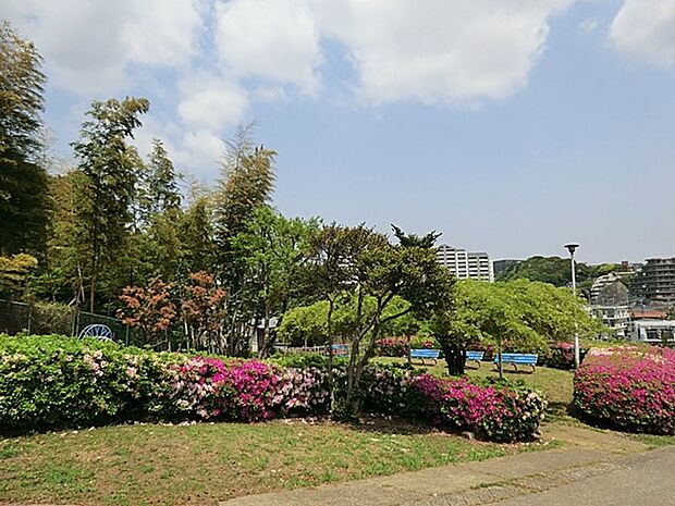 高台にある平作公園は、衣笠駅から徒歩圏内の閑静な公園です。広々とした原っぱと遊具があります。