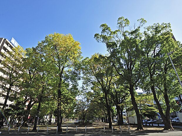 波のイメージのタイルのモザイクや流氷のイメージのオブジェのある都会のオアシス的な公園です。