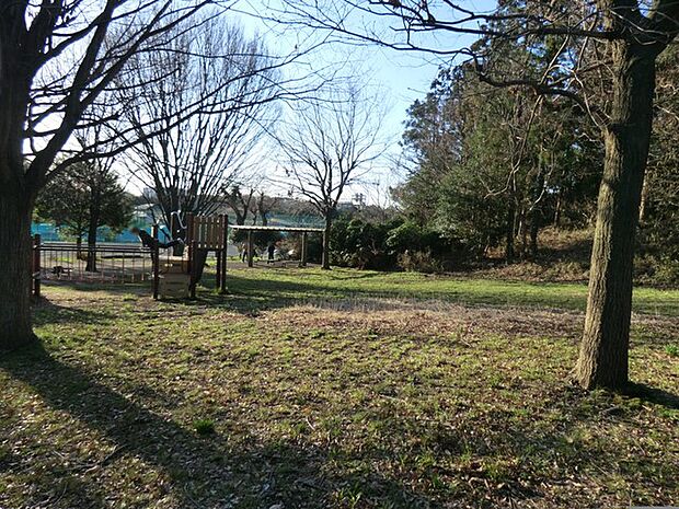 一段高い場所にある緑に覆われた公園で、遊具はすべり台やスプリング遊具があります。
