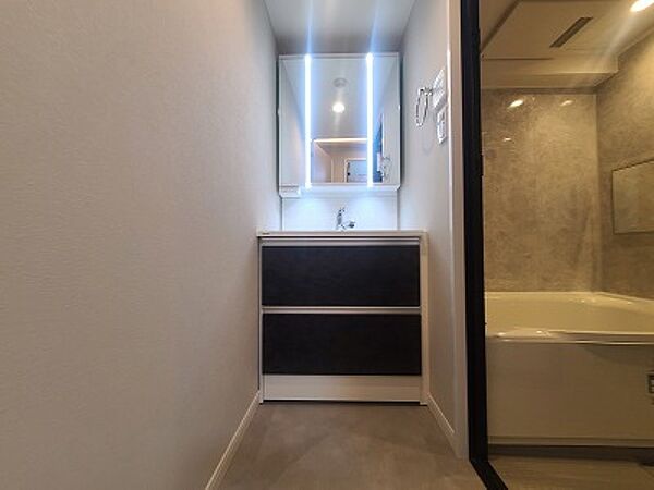 ホテルライクな独立洗面台で、朝の身支度をスムーズに。夫婦の忙しい時間も快適です。