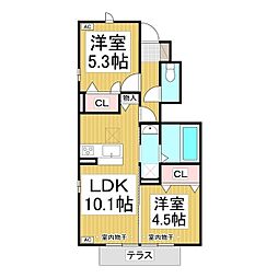 プレジール 1階2LDKの間取り