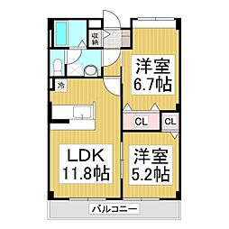 トーラスＨＡＲＡ 2階2LDKの間取り