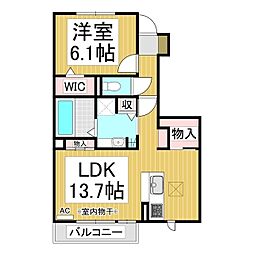 パルテール三本柳 1階1LDKの間取り