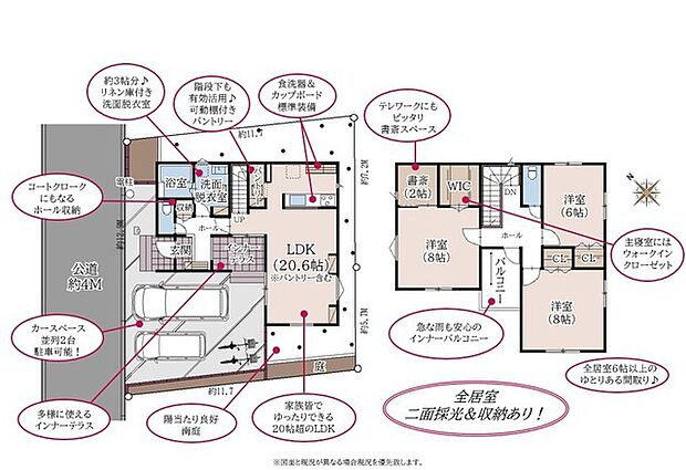 大型3SLDK+WIC+パントリー+インナーテラス+カースペース並列2台 (※図面と現況が異なる場合現況優先といたします。)